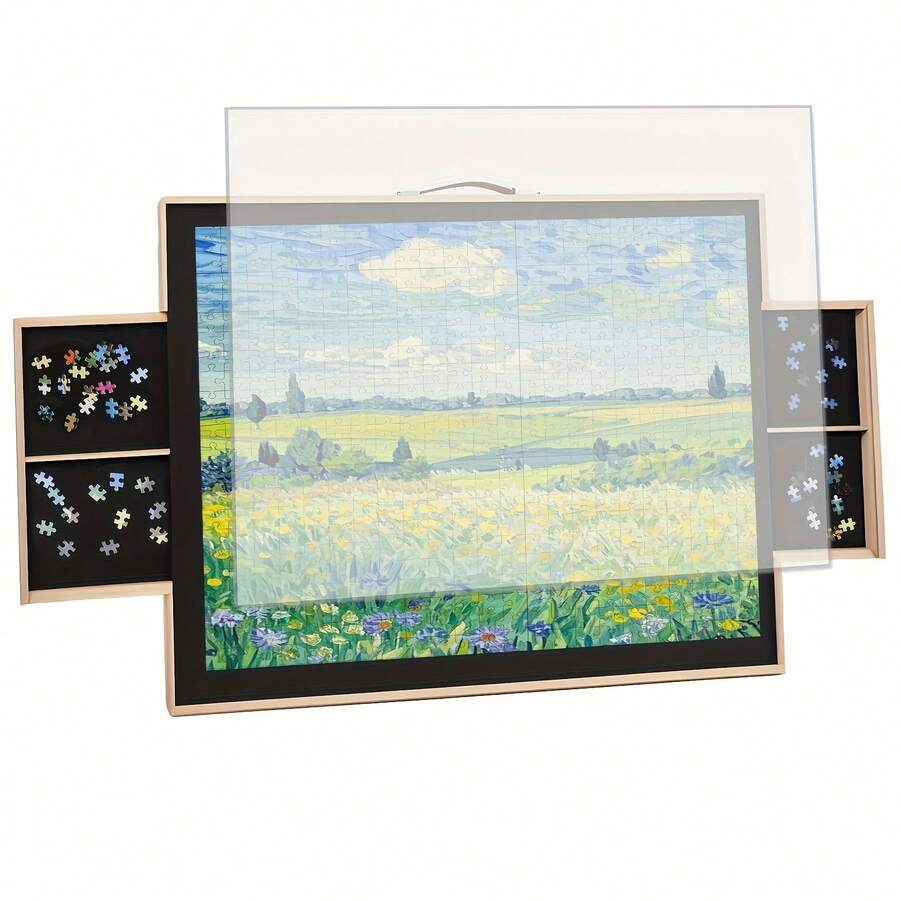 Rotating felt puzzle board with 4 drawers and translucent cover for 1500 piece jigsaw puzzles ergonomic