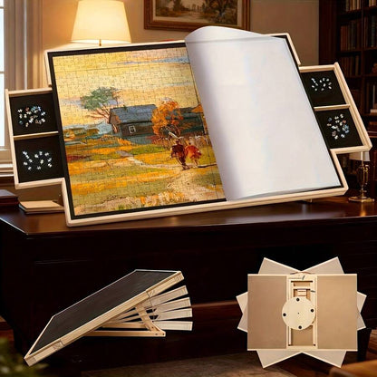 Rotating puzzle board with 4 drawers and acrylic dust cover features 1500 piece jigsaw capacity ergonomic stand