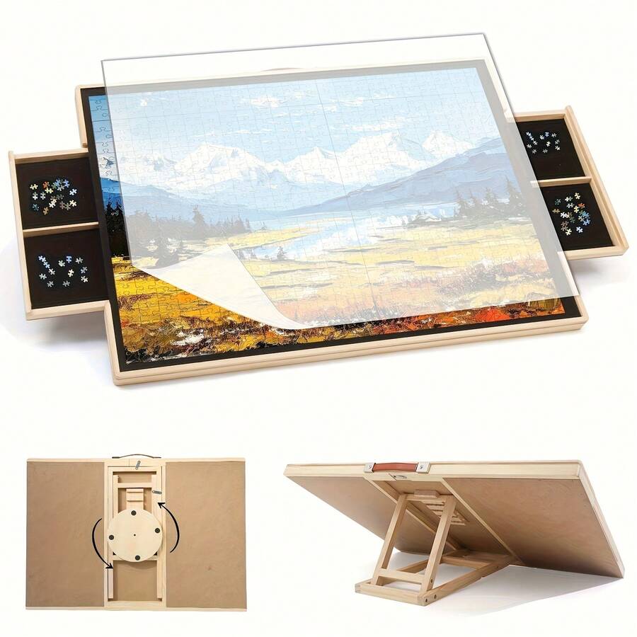 Rotating tilting puzzle board mechanism with adjustable angle stand and 360 swivel for ergonomic jigsaw work