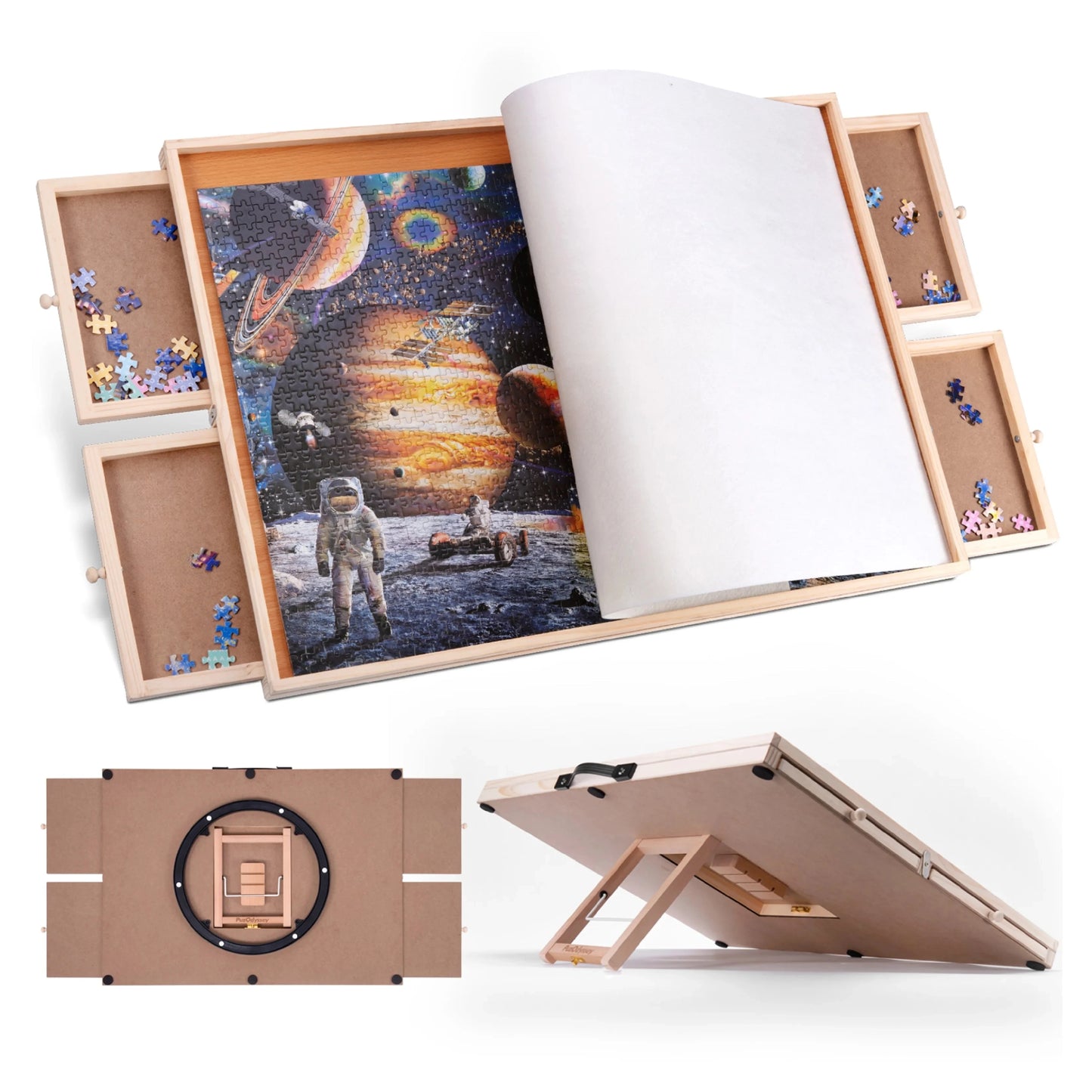 portable jigsaw puzzle table with 4 wooden drawers and translucent cover, 2000 piece rotating puzzle board for adults at home