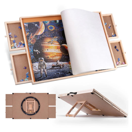 portable jigsaw puzzle table with 4 wooden drawers and translucent cover, 2000 piece rotating puzzle board for adults at home