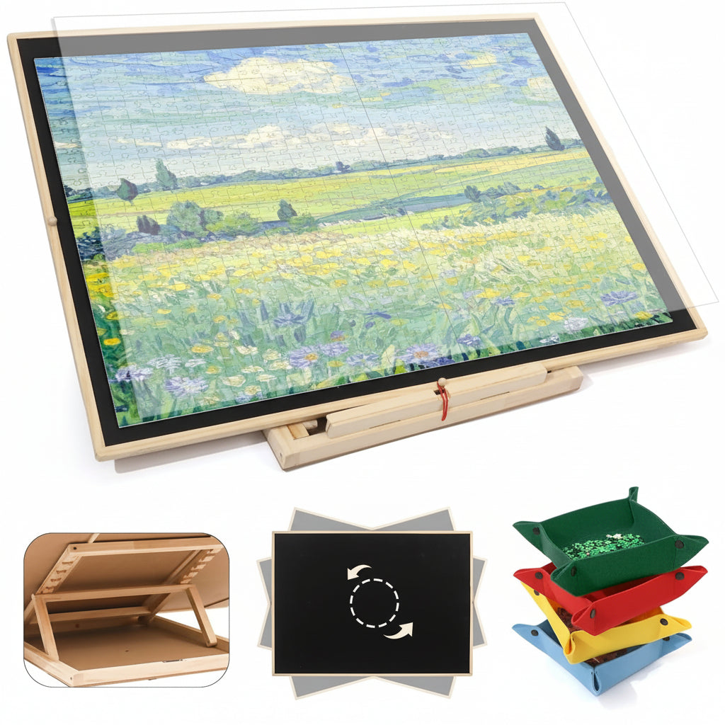 rotating tilting wooden puzzle board with dust cover and 4 sorting drawers for 1000 to 1500 piece jigsaw puzzles