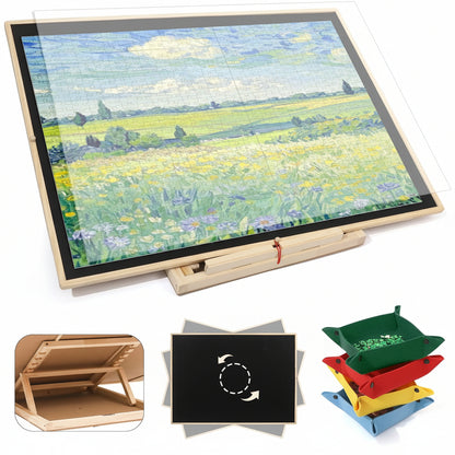 rotating tilting wooden puzzle board with dust cover and 4 sorting drawers for 1000 to 1500 piece jigsaw puzzles