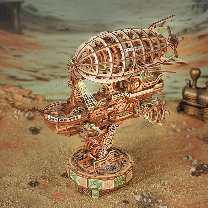 sailing in fog puzzle steampunk airship side detail with rigging and gears, 3d wooden model kit for adults who love zeppelins