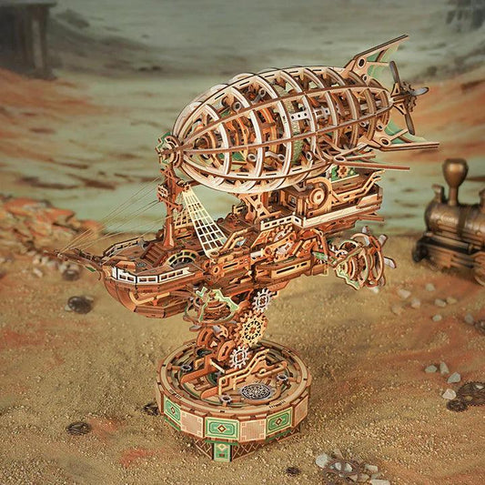 sailing in fog puzzle steampunk airship side detail with rigging and gears, 3d wooden model kit for adults who love zeppelins