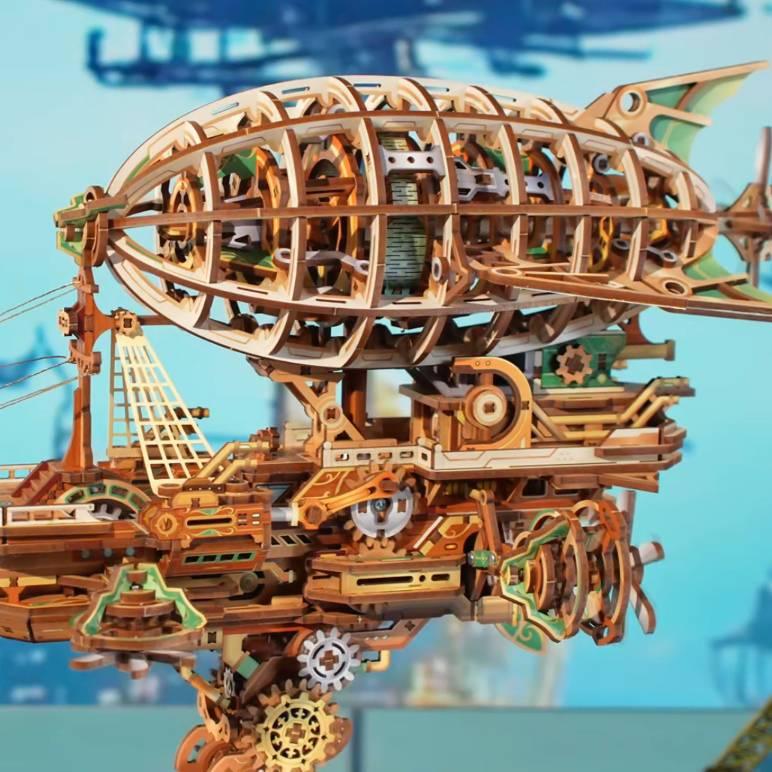 3d wooden puzzle mechanical airship on geared display stand, 515 piece steampunk zeppelin model kit build for adults