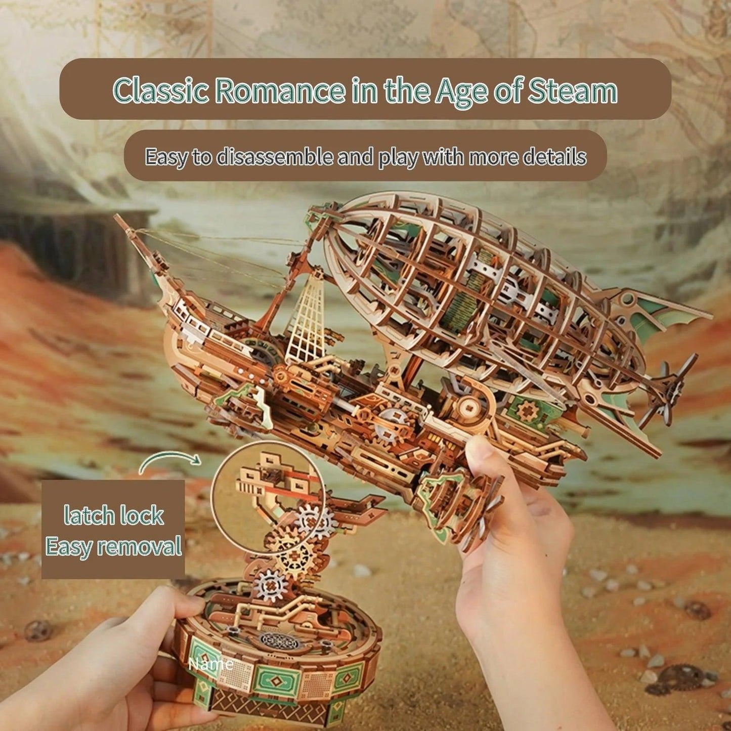 wooden airship model kit with latch lock for easy disassembly, hands on steampunk craft project and hobby gift for him