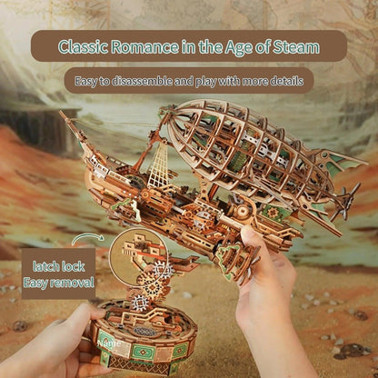 wooden airship model kit with latch lock for easy disassembly, hands on steampunk craft project and hobby gift for him