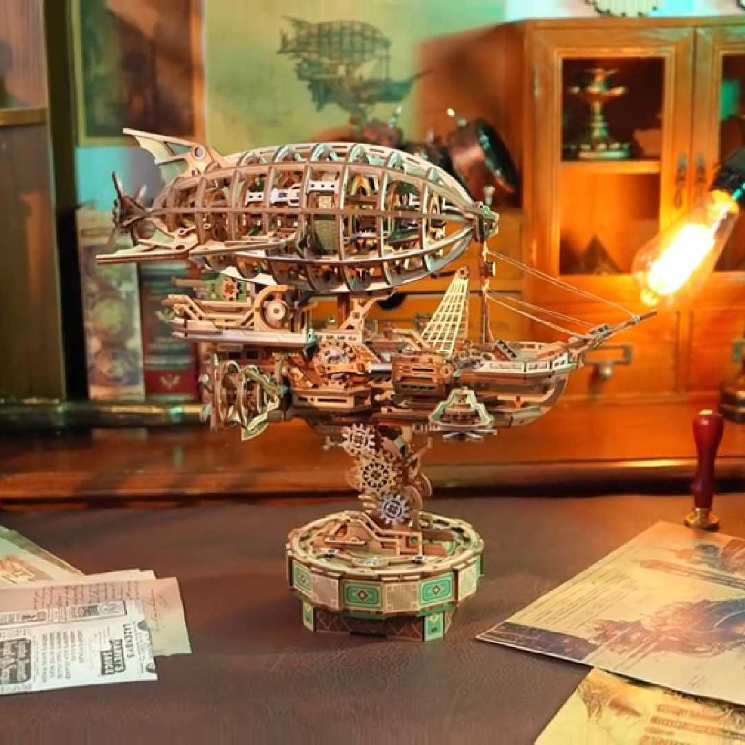 steampunk airship display piece for office desk or bookshelf, mechanical 3d wooden puzzle decor for model collectors