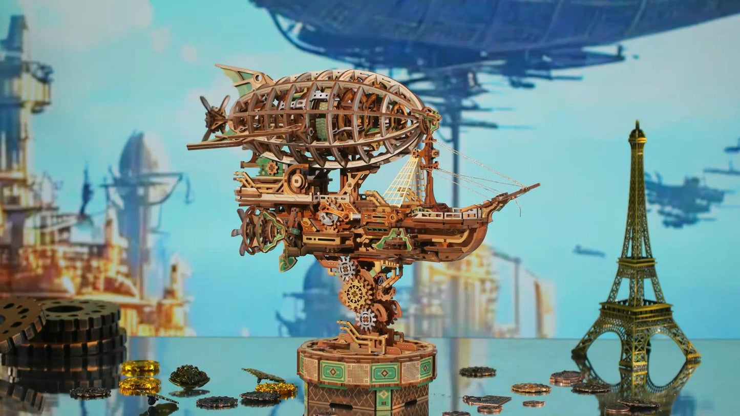 steampunk zeppelin wooden model in miniature city scene, fantasy airship puzzle kit and display centerpiece for adults