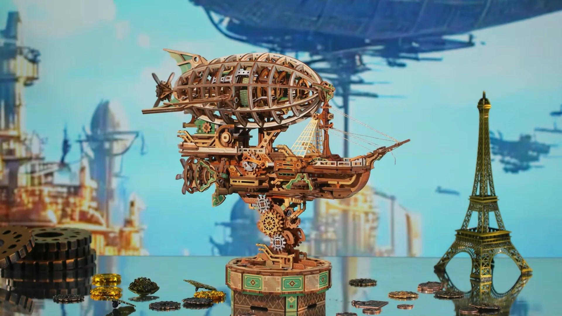 steampunk zeppelin wooden model in miniature city scene, fantasy airship puzzle kit and display centerpiece for adults