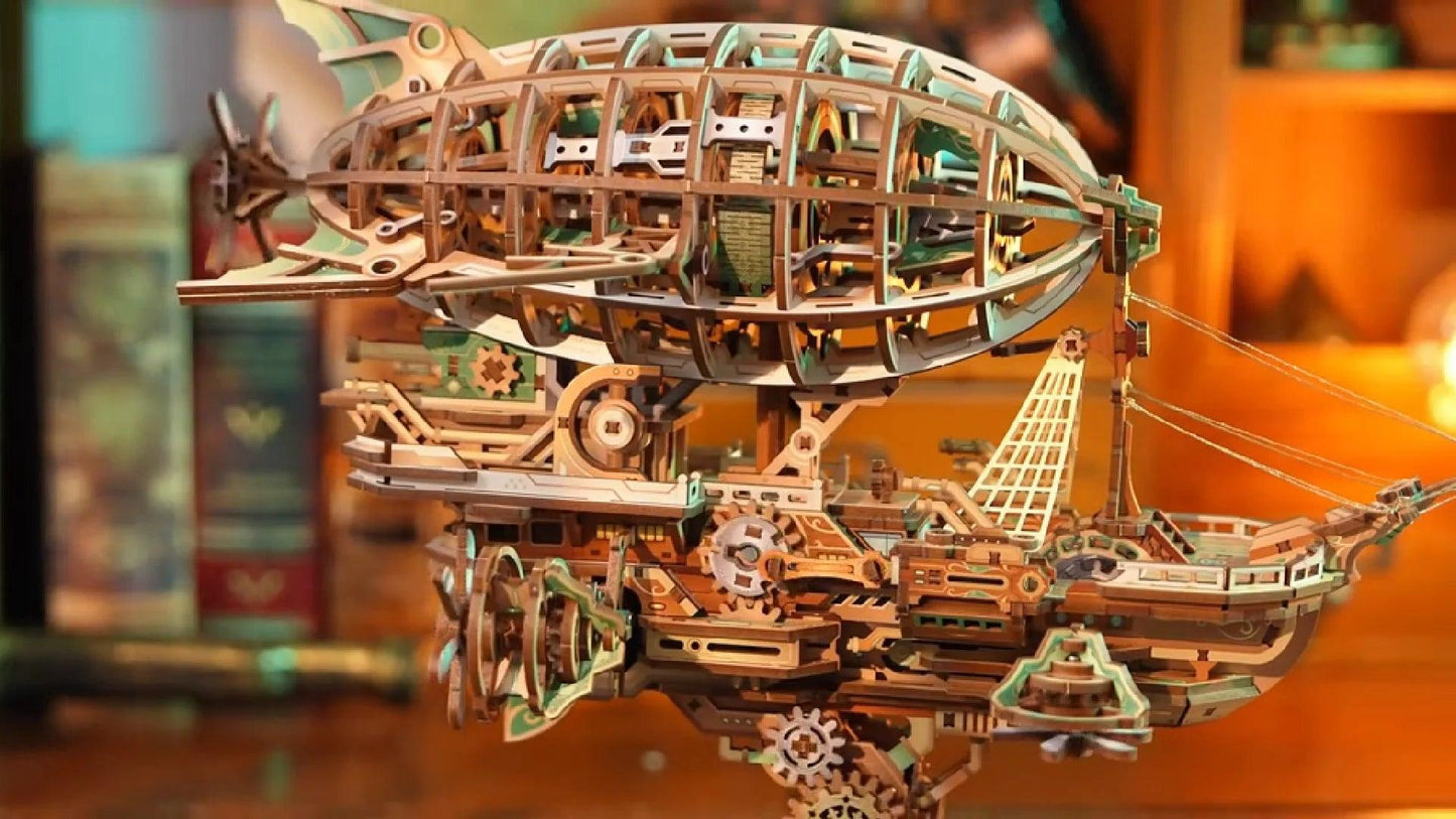laser cut wooden airship hull close up with deck and propeller detail, advanced 3d puzzle model kit for craftsmanship fans