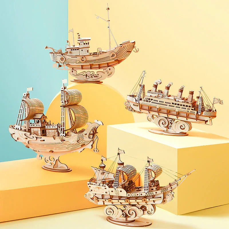 wooden tall ship model in natural wood grain, maritime themed puzzle kit and living room decor for boat lovers