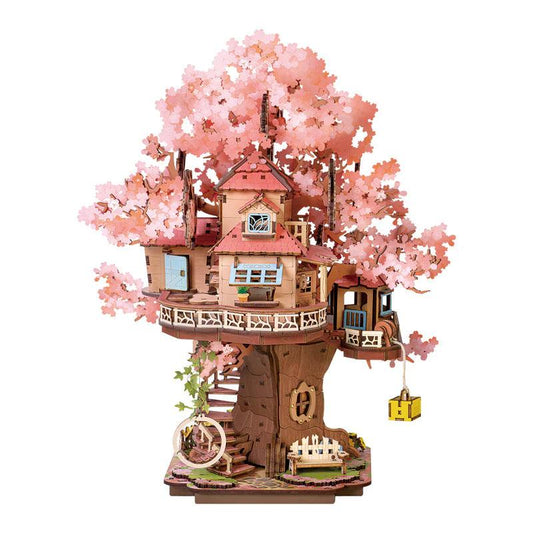 sakura tree house 3d wooden puzzle assembled miniature treehouse with cherry blossom canopy for shelf decor