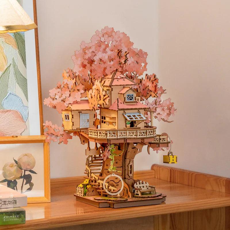 cherry blossom wooden puzzle house with working swing and pulley lift, japanese style decor for bedroom shelves