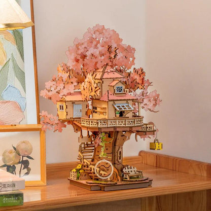 cherry blossom wooden puzzle house with working swing and pulley lift, japanese style decor for bedroom shelves