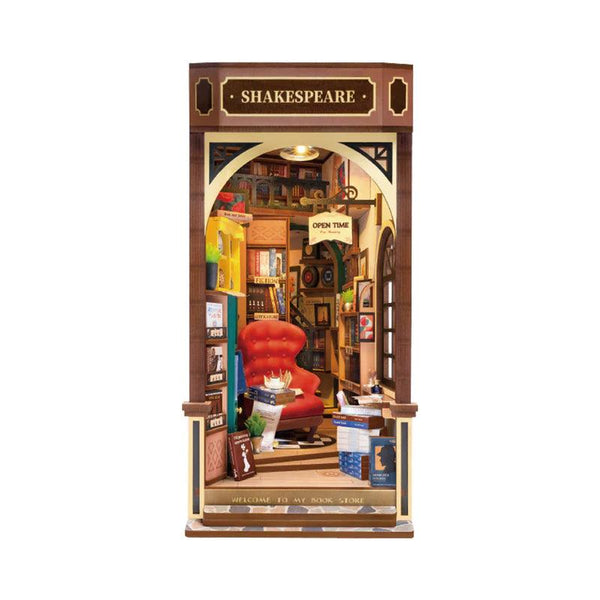shakespeare book nook kit with led touch lighting, diy miniature tudor bookshop insert for a bookshelf display