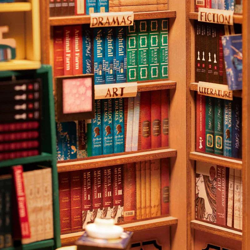 diy miniature bookshop kit with 194 pre cut wooden pieces and a no glue insertion build for adult crafters
