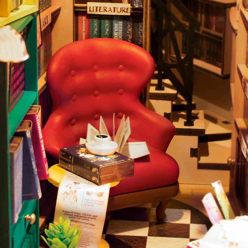 bookshelf insert kit lit by touch led, miniature bookstore scene for a home office, study or reading room