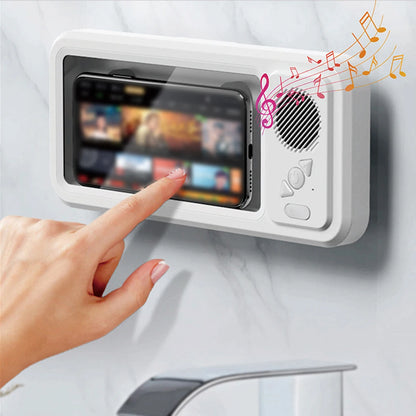shower phone holder bluetooth speaker wall mounted bathroom phone case touch through screen iphone android hands-free music