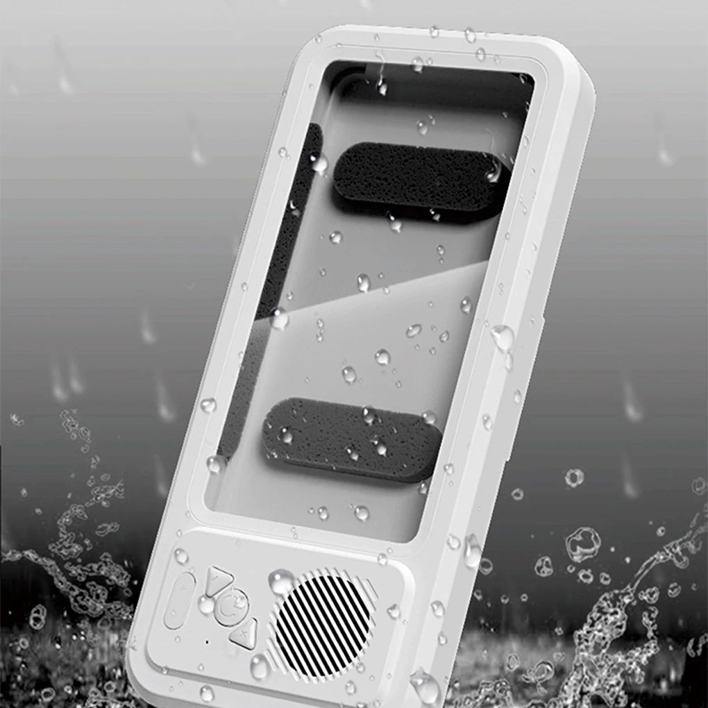 waterproof phone holder shower bathroom wall mount bluetooth speaker steam splash blocking iphone android touch through case