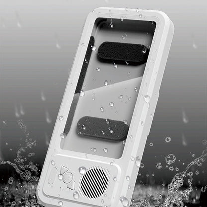 waterproof phone holder shower bathroom wall mount bluetooth speaker steam splash blocking iphone android touch through case