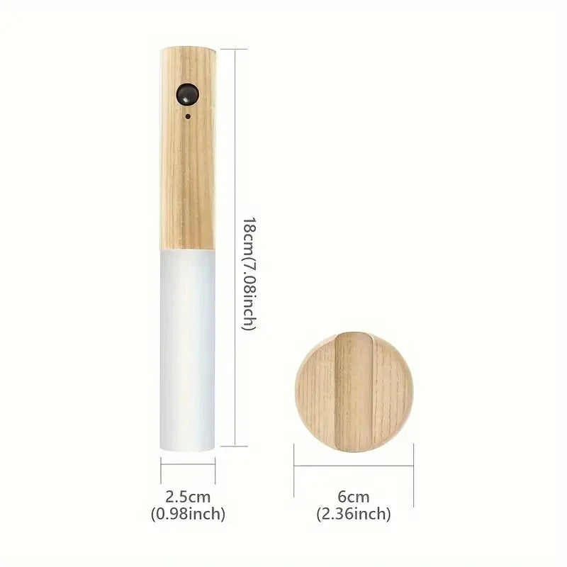 Measurement chart of a wooden and white cylindrical product with dimensions labeled.