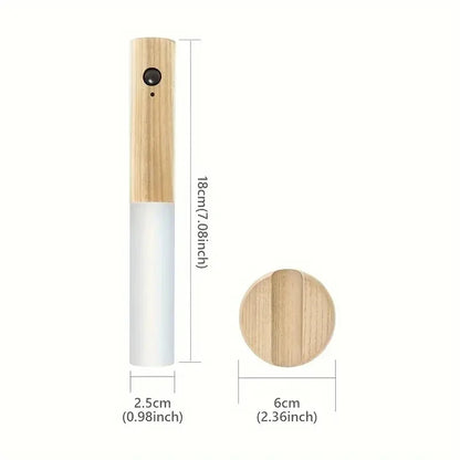 Measurement chart of a wooden and white cylindrical product with dimensions labeled.