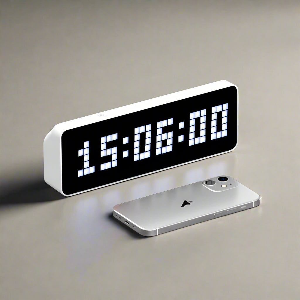 Smart pixel clock followers counter display with LED screen showing social media data, weather, and time