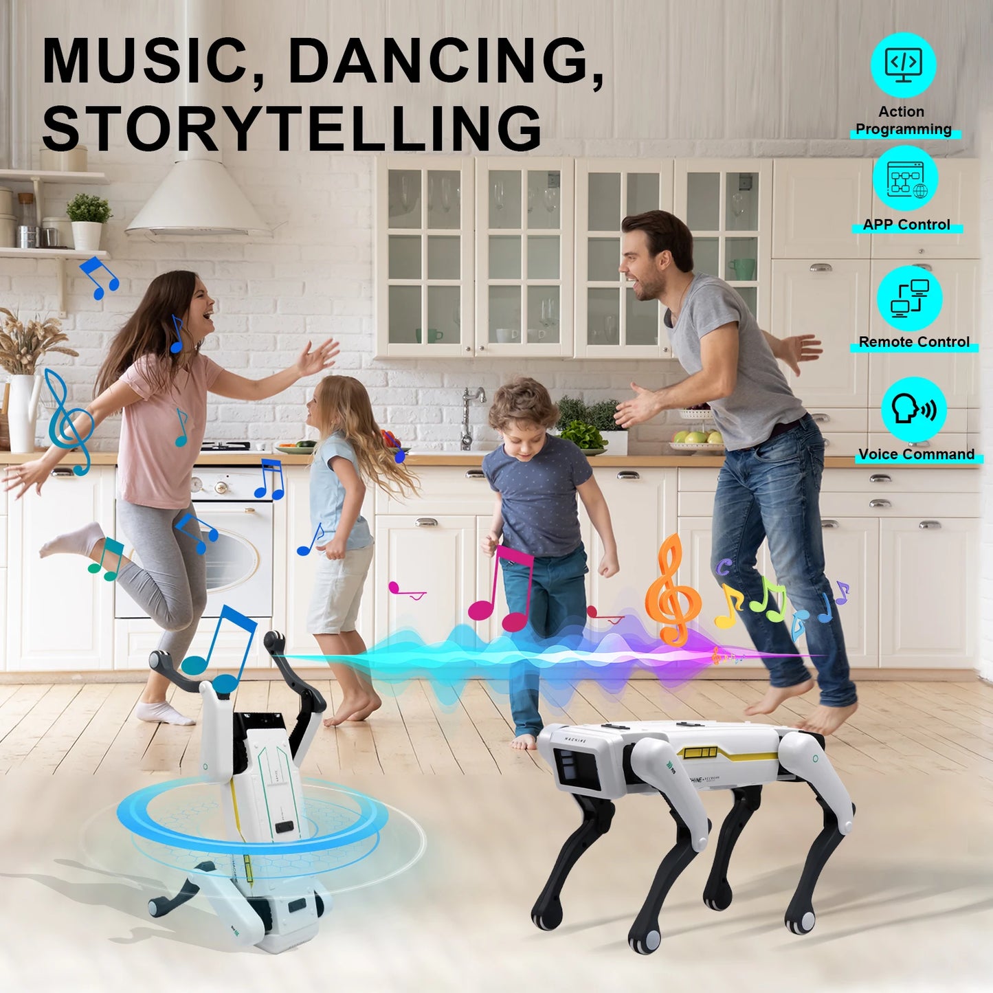 Family in a kitchen with a Smart Robot Dog Toy with Voice Control Remote and App Programming for Kids