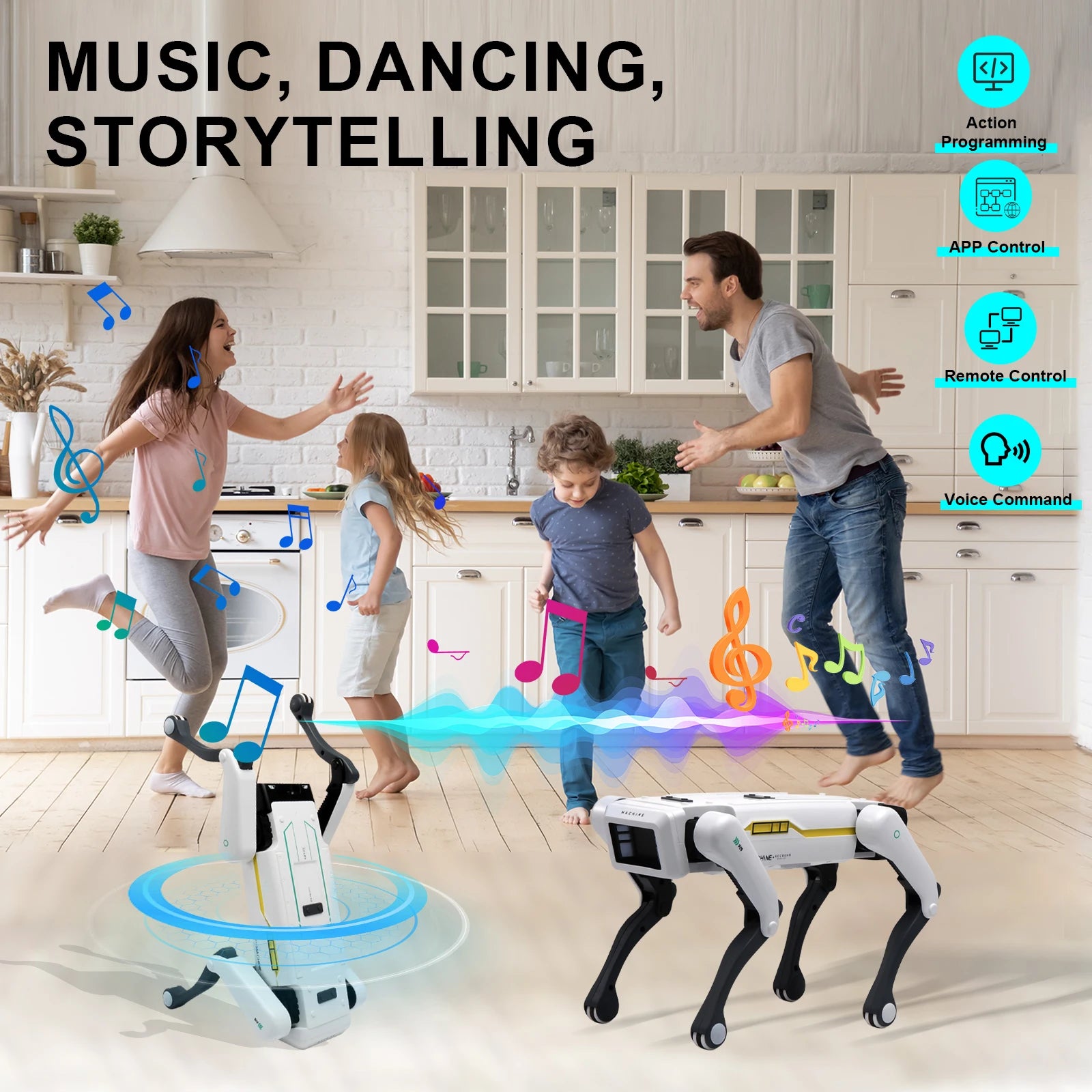 Family in a kitchen with a Smart Robot Dog Toy with Voice Control Remote and App Programming for Kids