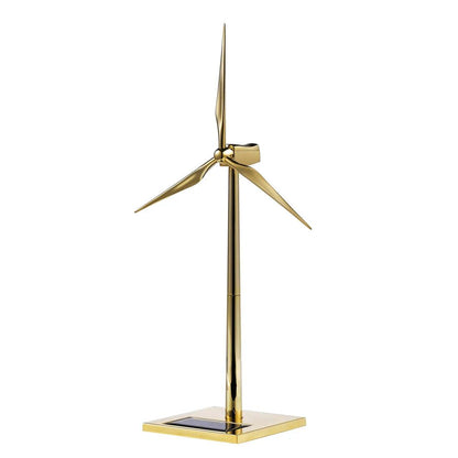 solar powered wind turbine model in gold zinc alloy on a desk, kinetic metal windmill sculpture for a home office