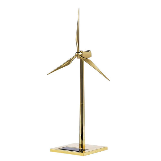 solar powered wind turbine model in gold zinc alloy on a desk, kinetic metal windmill sculpture for a home office