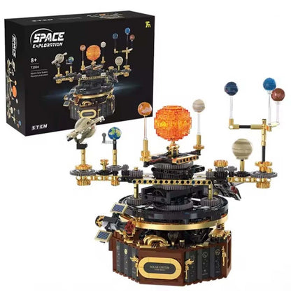 electric solar system orrery building blocks with LED illuminated sun and motorized rotating planets STEM educational model