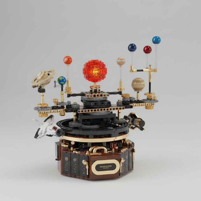 electric solar system orrery building blocks with LED illuminated sun and motorized rotating planets STEM educational model