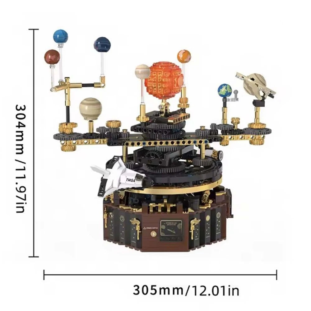 electric solar system orrery building blocks with LED illuminated sun and motorized rotating planets STEM educational model