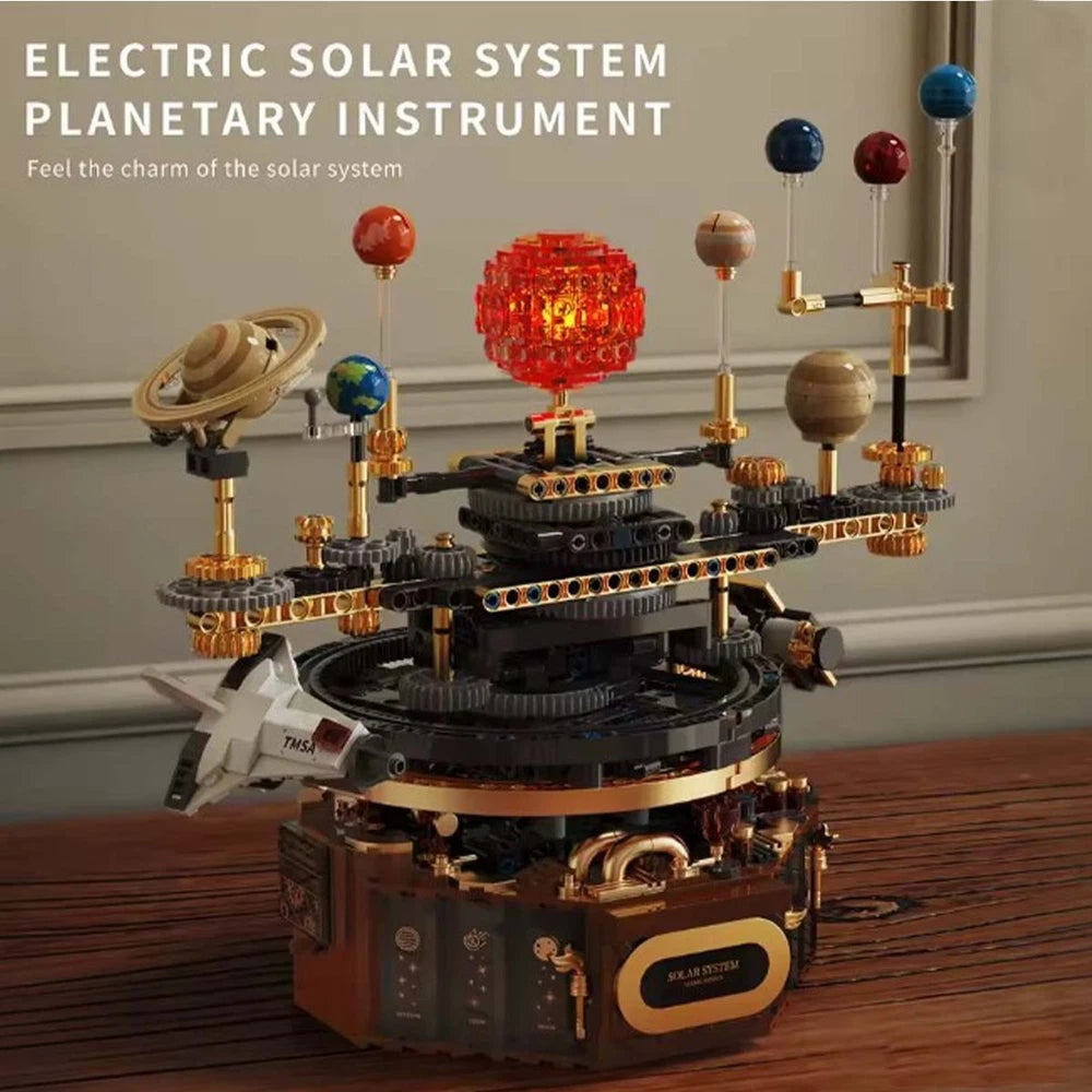 electric solar system orrery building blocks with LED illuminated sun and motorized rotating planets STEM educational model