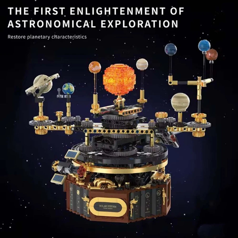 Space-themed model with planets and a star, set against a space-themed background.