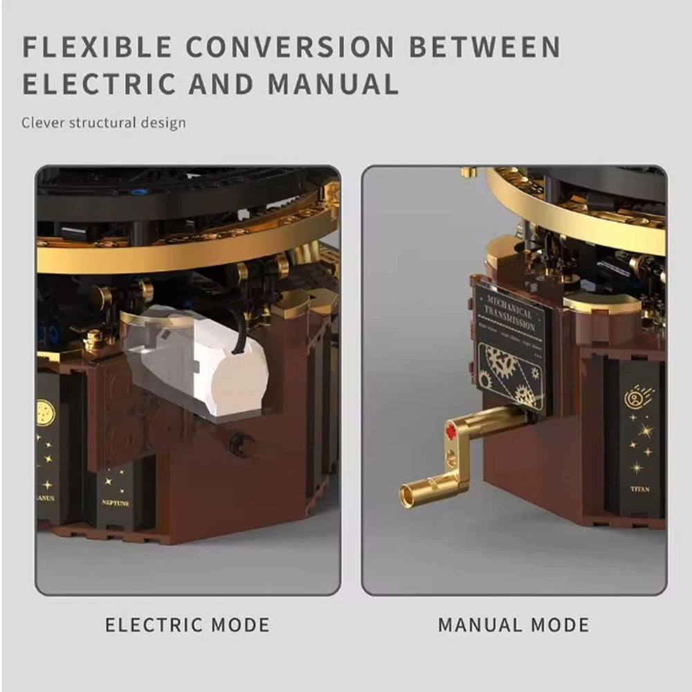electric solar system orrery building blocks with LED illuminated sun and motorized rotating planets STEM educational model