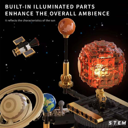 Space-themed model with illuminated parts electric solar system orrery building blocks with LED illuminated sun and motorized rotating planets STEM educational model