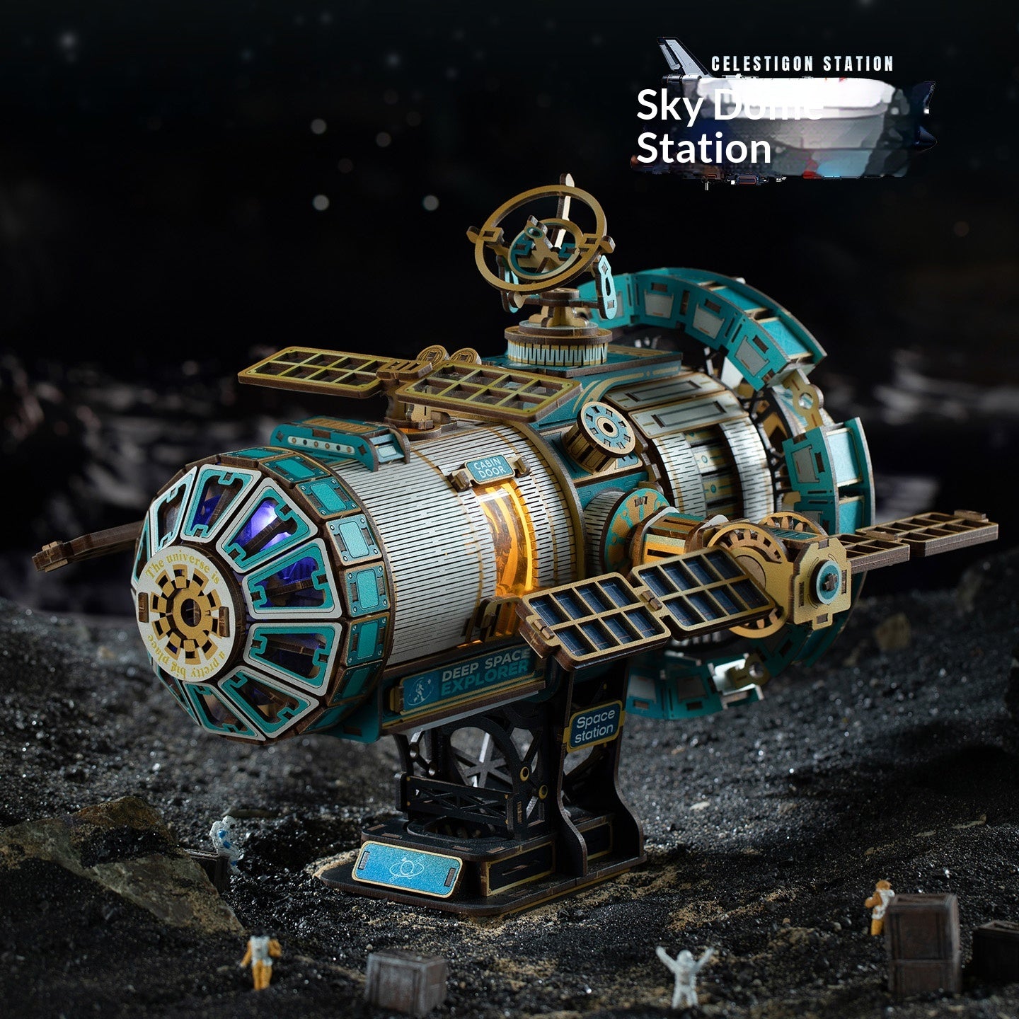 interstellar space station 3D wooden puzzle with docking port and music box, sci-fi gift for space and aerospace fans, Sky Blue