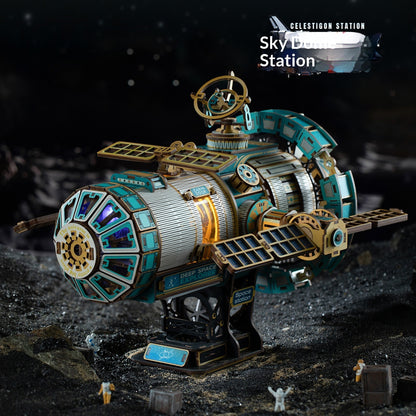 interstellar space station 3D wooden puzzle with docking port and music box, sci-fi gift for space and aerospace fans, Sky Blue