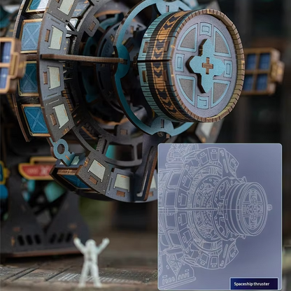 mechanical docking ring and gear detail of a 3D wooden space station model kit, engineering build for hobbyists, Sky Blue