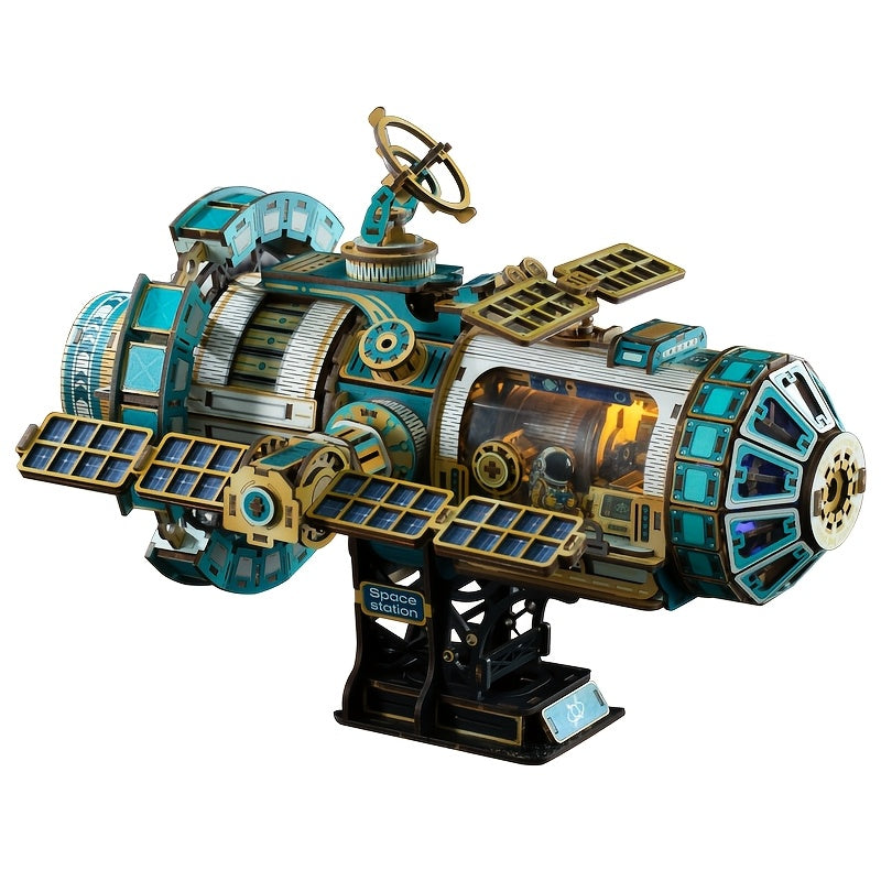 space station model kit with glowing LED crew cabin and astronaut, motorized 3D wooden puzzle night light for adults, Sky Blue