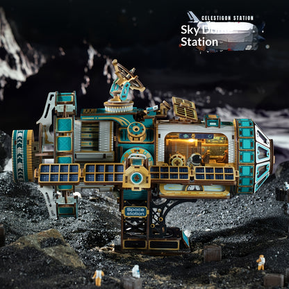motorized space station model kit as bookshelf and office decor, 511 piece DIY wooden building puzzle for teens 14 plus, Sky Blue