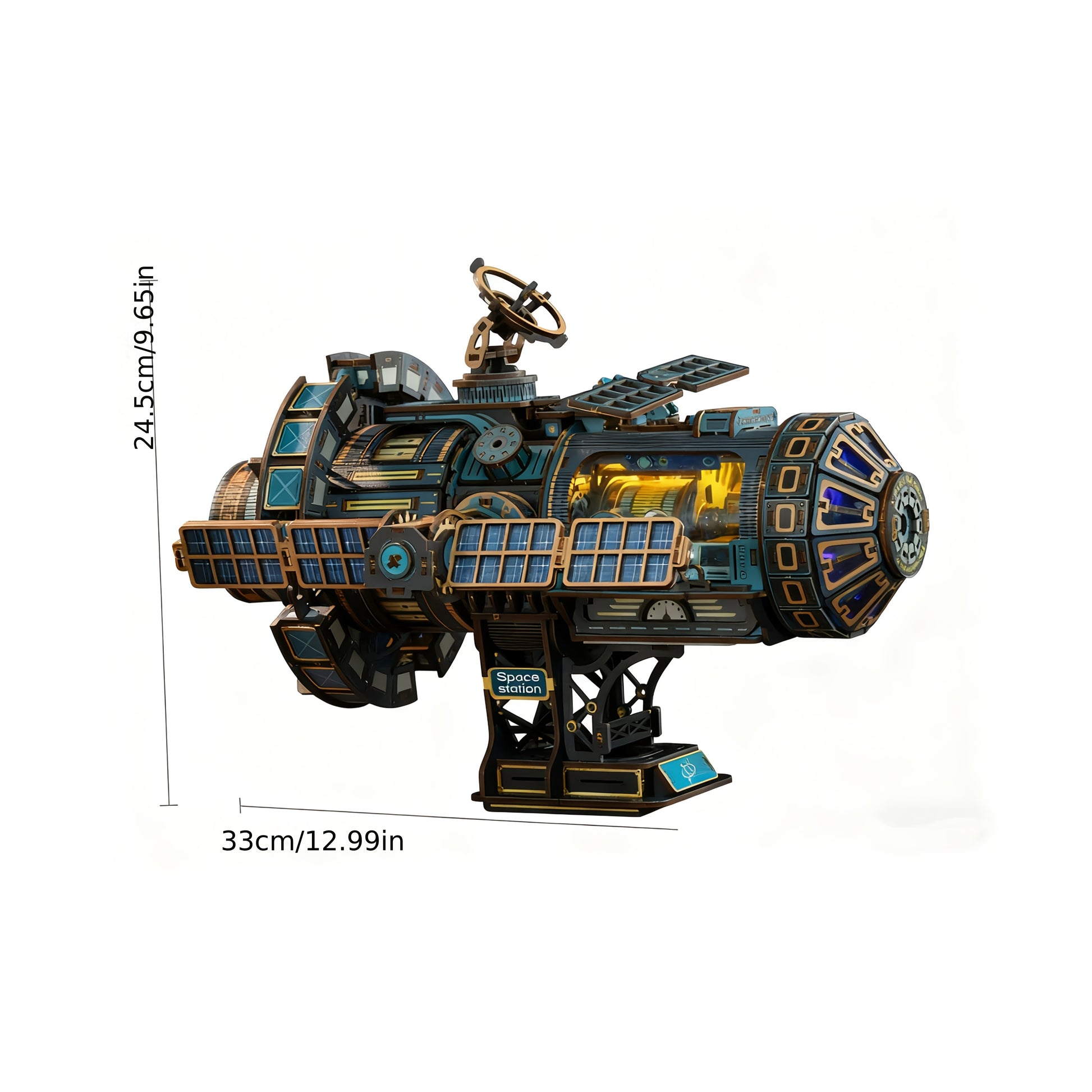 511 piece space station model kit with assembled size 33 cm long, 3D wooden puzzle desk display for adults, Sky Blue, Black