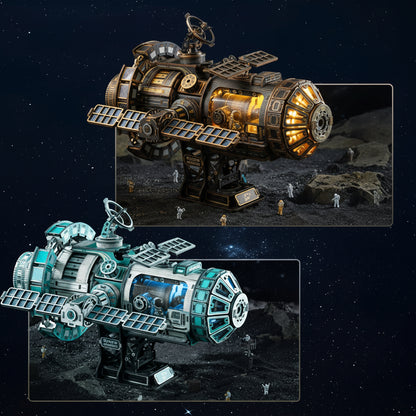 3D wooden space station puzzle kit shown in Sky Blue and Black colorways with LED light effects, mechanical model gift idea