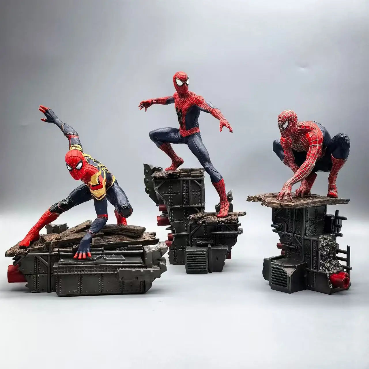 three spider man statues with matching ruins bases that combine into a single no way home battle diorama scene, Integrated Suit, Friendly Neighborhood Suit, Amazing Suit