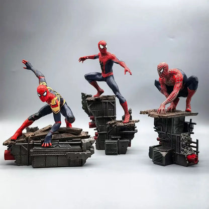 three spider man statues with matching ruins bases that combine into a single no way home battle diorama scene, Integrated Suit, Friendly Neighborhood Suit, Amazing Suit