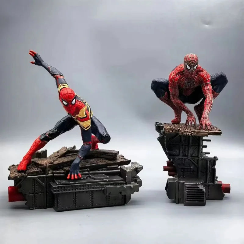 marvel spider man figurine pair on sculpted debris bases, superhero desk decor for a home office or study shelf, Integrated Suit, Friendly Neighborhood Suit